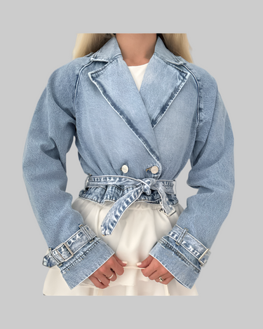 Blue Women Collared Long Sleeve Denim Wind Bolero Jacket